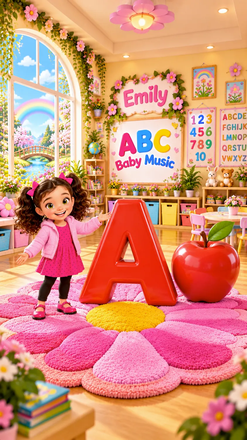 Emily in her cheerful ABC Baby Music classroom with a giant letter A and apple
